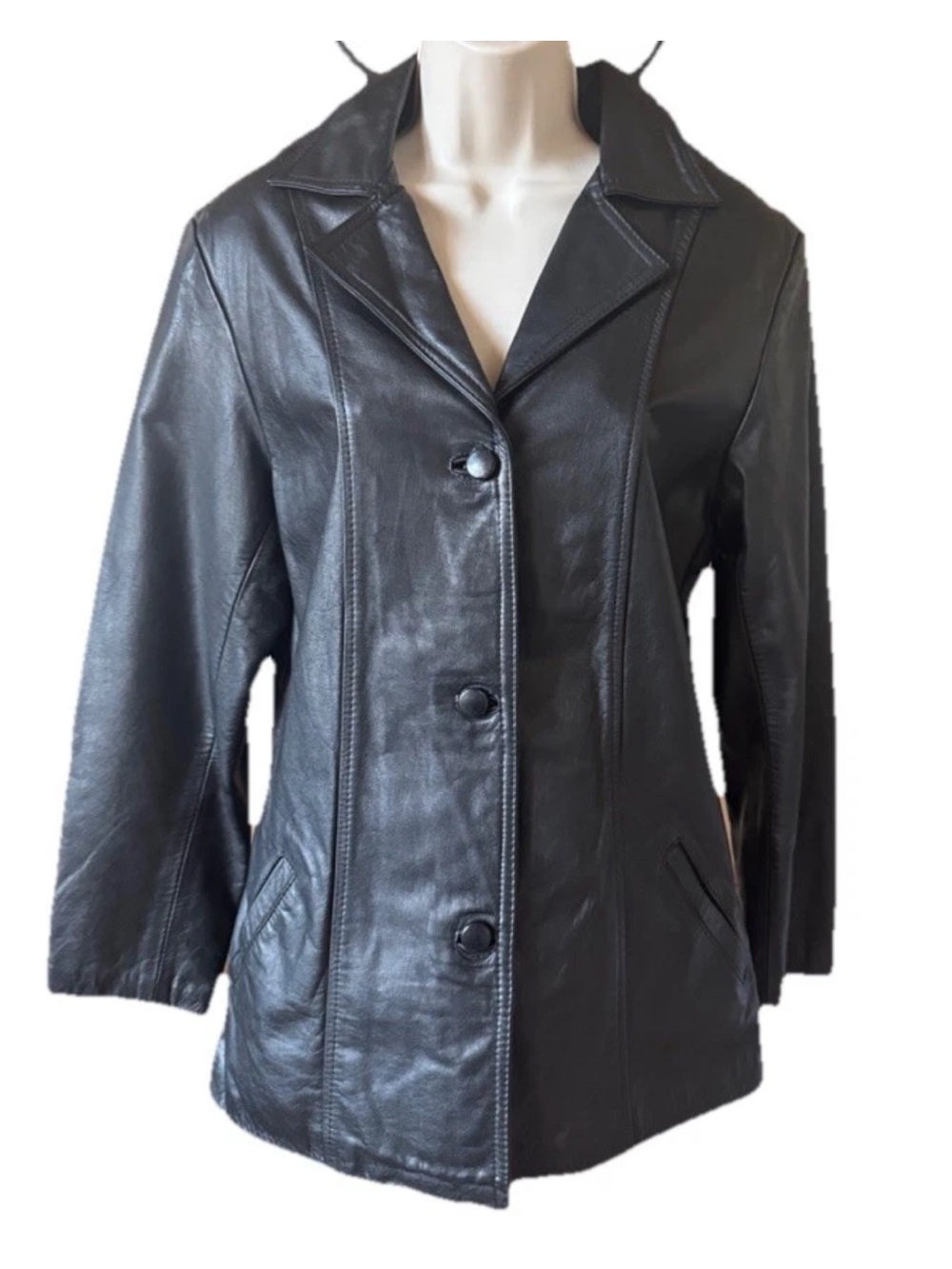 Classic Black Leather Button-Front Women's Jacket Size Medium